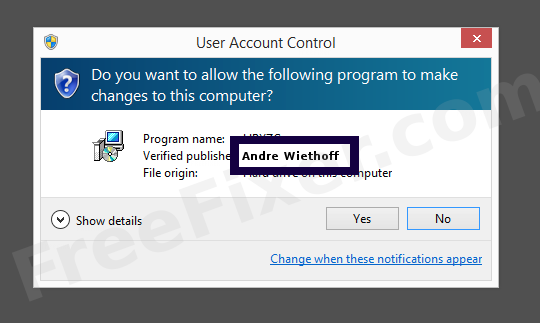 Screenshot where Andre Wiethoff appears as the verified publisher in the UAC dialog